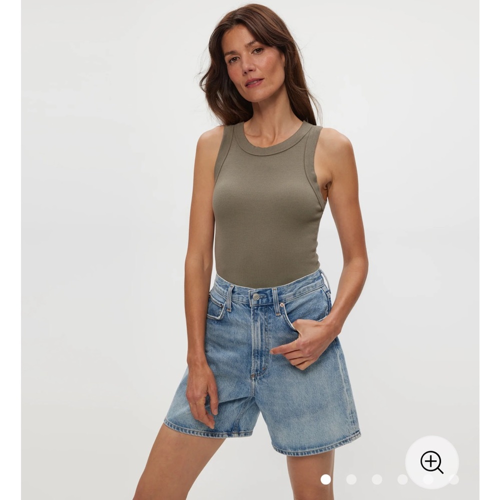 Michael Stars “Halley” Ribbed Tank with Ruching, Olive, Small